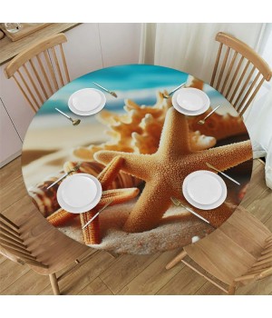 Ulloord Round Tablecloth Fitted Table Cover with Elastic Edged Tropical Beach Starfish Seaside Waterproof Table Cloth for Party Kitchen Dining Indoor Outdoor Table