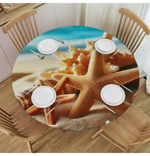 Ulloord Round Tablecloth Fitted Table Cover with Elastic Edged Tropical Beach Starfish Seaside Waterproof Table Cloth for Party Kitchen Dining Indoor Outdoor Table