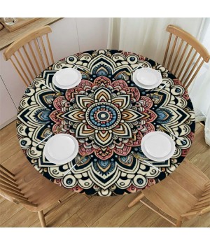 Ulloord  Round Tablecloth Fitted Table Cover with Elastic Edged Vintage Mandala Print Waterproof Table Cloth for Party Kitchen Dining Indoor Outdoor Table