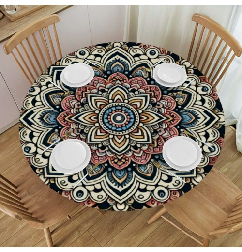 Ulloord  Round Tablecloth Fitted Table Cover with Elastic Edged Vintage Mandala Print Waterproof Table Cloth for Party Kitchen Dining Indoor Outdoor Table