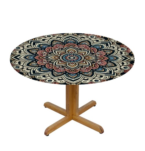 Ulloord  Round Tablecloth Fitted Table Cover with Elastic Edged Vintage Mandala Print Waterproof Table Cloth for Party Kitchen Dining Indoor Outdoor Table