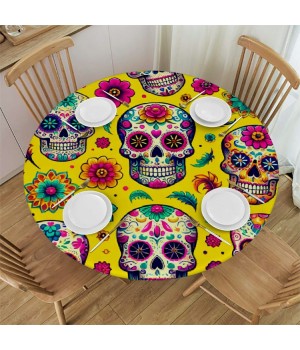 Ulloord Round Tablecloth Fitted Table Cover with Elastic Edged Skull Pattern Waterproof Table Cloth for Party Kitchen Dining Indoor Outdoor Table