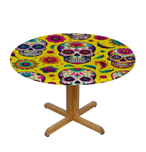 Ulloord Round Tablecloth Fitted Table Cover with Elastic Edged Skull Pattern Waterproof Table Cloth for Party Kitchen Dining Indoor Outdoor Table