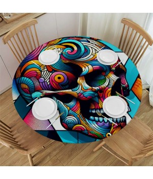 Ulloord  Round Tablecloth Fitted Table Cover with Elastic Edged Colorful Skull Print Waterproof Table Cloth for Party Kitchen Dining Indoor Outdoor Table