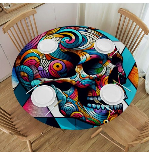 Ulloord  Round Tablecloth Fitted Table Cover with Elastic Edged Colorful Skull Print Waterproof Table Cloth for Party Kitchen Dining Indoor Outdoor Table