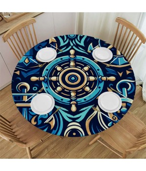 Ulloord  Round Tablecloth Fitted Table Cover with Elastic Edged Sea Anchor Pattern Waterproof Table Cloth for Party Kitchen Dining Indoor Outdoor Table