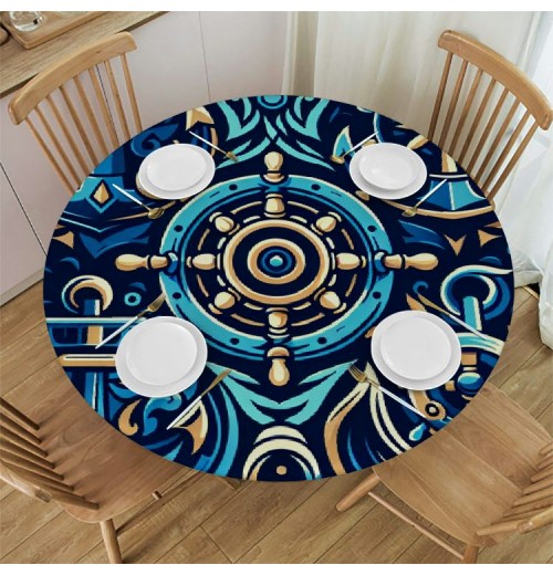 Ulloord  Round Tablecloth Fitted Table Cover with Elastic Edged Sea Anchor Pattern Waterproof Table Cloth for Party Kitchen Dining Indoor Outdoor Table