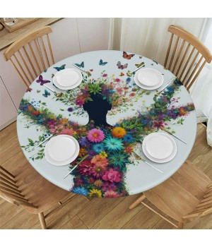 Ulloord  Round Tablecloth Fitted Table Cover with Elastic Edged Abstract Women Butterfly Waterproof Table Cloth for Party Kitchen Dining Indoor Outdoor Table