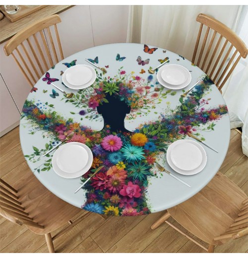 Ulloord  Round Tablecloth Fitted Table Cover with Elastic Edged Abstract Women Butterfly Waterproof Table Cloth for Party Kitchen Dining Indoor Outdoor Table