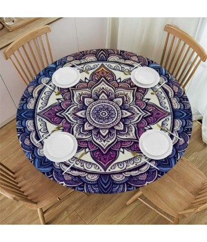 Ulloord  Round Tablecloth Fitted Table Cover with Elastic Edged Boho Mandala Pattern Waterproof Table Cloth for Party Kitchen Dining Indoor Outdoor Table