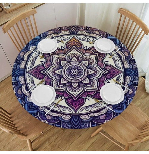 Ulloord  Round Tablecloth Fitted Table Cover with Elastic Edged Boho Mandala Pattern Waterproof Table Cloth for Party Kitchen Dining Indoor Outdoor Table