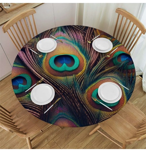 Ulloord Round Tablecloth Fitted Table Cover with Elastic Edged Animal Peacock Waterproof Table Cloth for Party Kitchen Dining Indoor Outdoor Table