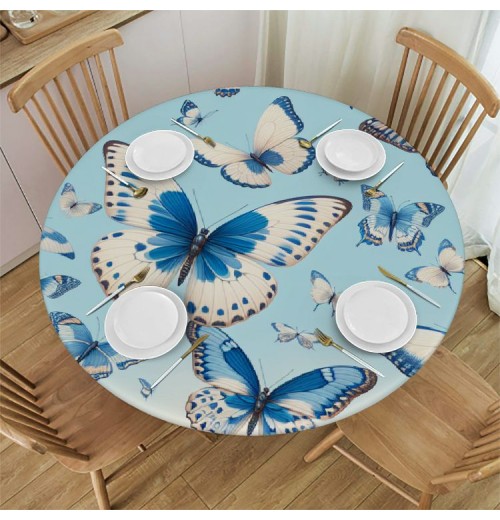 Ulloord  Round Tablecloth Fitted Table Cover with Elastic Edged Animal Butterfly Pattern Waterproof Table Cloth for Party Kitchen Dining Indoor Outdoor Table