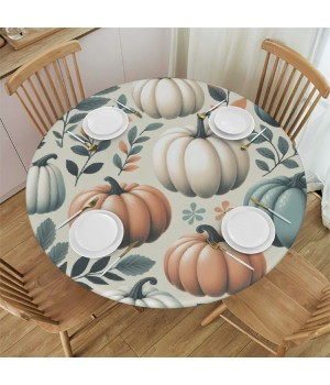 Ulloord Round Tablecloth Fitted Table Cover with Elastic Edged Pumpkin Leaves Waterproof Table Cloth for Party Kitchen Dining Indoor Outdoor Table