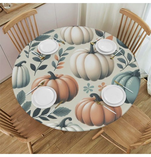 Ulloord Round Tablecloth Fitted Table Cover with Elastic Edged Pumpkin Leaves Waterproof Table Cloth for Party Kitchen Dining Indoor Outdoor Table