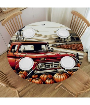 Ulloord  Round Tablecloth Fitted Table Cover with Elastic Edged Thanksgiving Pumpkin Car Waterproof Table Cloth for Party Kitchen Dining Indoor Outdoor Table