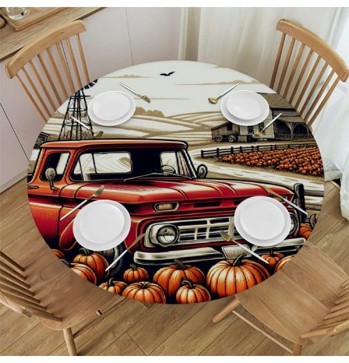 Ulloord  Round Tablecloth Fitted Table Cover with Elastic Edged Thanksgiving Pumpkin Car Waterproof Table Cloth for Party Kitchen Dining Indoor Outdoor Table