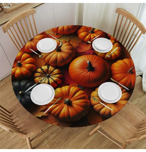 Ulloord Round Tablecloth Fitted Table Cover with Elastic Edged Pumpkin Print Waterproof Table Cloth for Party Kitchen Dining Indoor Outdoor Table