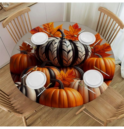 Ulloord  Round Tablecloth Fitted Table Cover with Elastic Edged Halloween Pumpkins Tree Waterproof Table Cloth for Party Kitchen Dining Indoor Outdoor Table