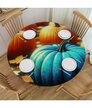 Ulloord  Round Tablecloth Fitted Table Cover with Elastic Edged Thanksgiving Pumpkins Pattern Waterproof Table Cloth for Party Kitchen Dining Indoor Outdoor Table