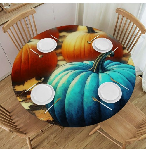 Ulloord  Round Tablecloth Fitted Table Cover with Elastic Edged Thanksgiving Pumpkins Pattern Waterproof Table Cloth for Party Kitchen Dining Indoor Outdoor Table