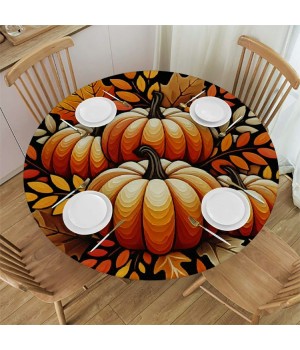 Ulloord  Round Tablecloth Fitted Table Cover with Elastic Edged Autumn Thanksgiving Pumpkins Waterproof Table Cloth for Party Kitchen Dining Indoor Outdoor Table