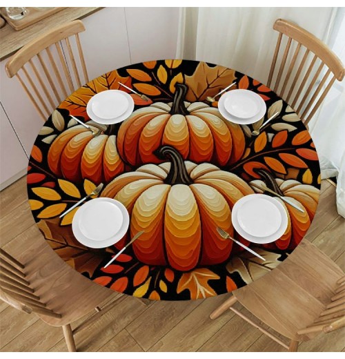 Ulloord  Round Tablecloth Fitted Table Cover with Elastic Edged Autumn Thanksgiving Pumpkins Waterproof Table Cloth for Party Kitchen Dining Indoor Outdoor Table