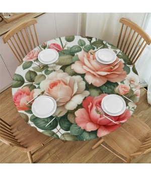 Ulloord  Round Tablecloth Fitted Table Cover with Elastic Edged Floral Rose Flowers Waterproof Table Cloth for Party Kitchen Dining Indoor Outdoor Table