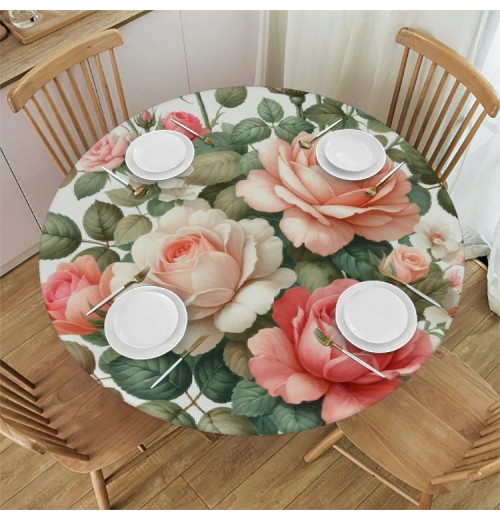 Ulloord  Round Tablecloth Fitted Table Cover with Elastic Edged Floral Rose Flowers Waterproof Table Cloth for Party Kitchen Dining Indoor Outdoor Table