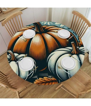 Ulloord Round Tablecloth Fitted Table Cover with Elastic Edged Pumpkin Check Waterproof Table Cloth for Party Kitchen Dining Indoor Outdoor Table