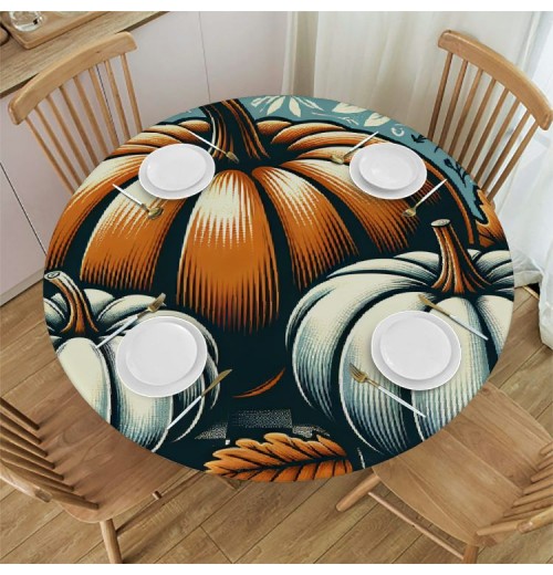 Ulloord Round Tablecloth Fitted Table Cover with Elastic Edged Pumpkin Check Waterproof Table Cloth for Party Kitchen Dining Indoor Outdoor Table