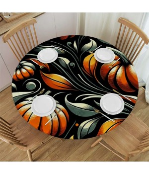 Ulloord  Round Tablecloth Fitted Table Cover with Elastic Edged Vintage Pumpkin Leaves Waterproof Table Cloth for Party Kitchen Dining Indoor Outdoor Table