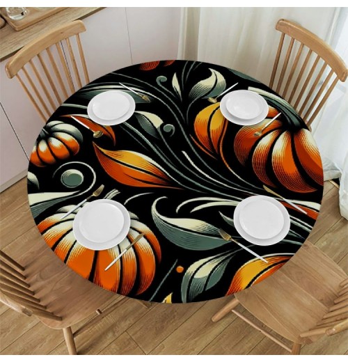 Ulloord  Round Tablecloth Fitted Table Cover with Elastic Edged Vintage Pumpkin Leaves Waterproof Table Cloth for Party Kitchen Dining Indoor Outdoor Table