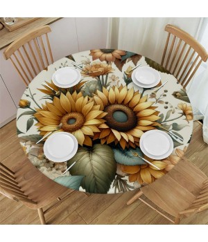 Ulloord Round Tablecloth Fitted Table Cover with Elastic Edged Vintage Sunflower Waterproof Table Cloth for Party Kitchen Dining Indoor Outdoor Table