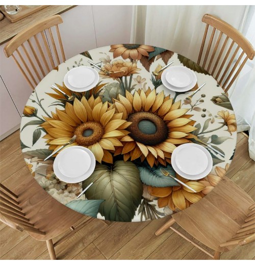 Ulloord Round Tablecloth Fitted Table Cover with Elastic Edged Vintage Sunflower Waterproof Table Cloth for Party Kitchen Dining Indoor Outdoor Table