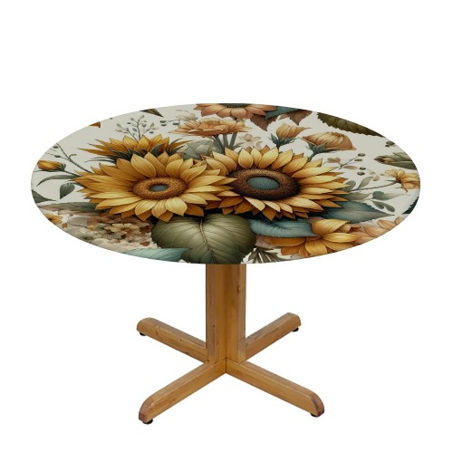 Ulloord Round Tablecloth Fitted Table Cover with Elastic Edged Vintage Sunflower Waterproof Table Cloth for Party Kitchen Dining Indoor Outdoor Table