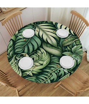 Ulloord  Round Tablecloth Fitted Table Cover with Elastic Edged Palm Leaves Pattern Waterproof Table Cloth for Party Kitchen Dining Indoor Outdoor Table