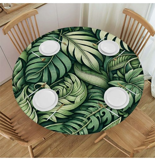 Ulloord  Round Tablecloth Fitted Table Cover with Elastic Edged Palm Leaves Pattern Waterproof Table Cloth for Party Kitchen Dining Indoor Outdoor Table