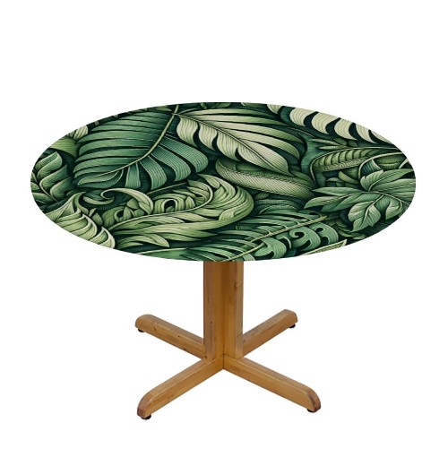 Ulloord  Round Tablecloth Fitted Table Cover with Elastic Edged Palm Leaves Pattern Waterproof Table Cloth for Party Kitchen Dining Indoor Outdoor Table