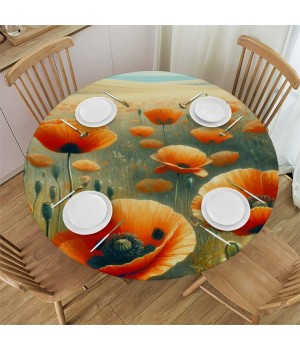 Ulloord  Round Tablecloth Fitted Table Cover with Elastic Edged Floral Flowers Theme Waterproof Table Cloth for Party Kitchen Dining Indoor Outdoor Table