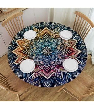 Ulloord  Round Tablecloth Fitted Table Cover with Elastic Edged Rainbow Mandala Pattern Waterproof Table Cloth for Party Kitchen Dining Indoor Outdoor Table