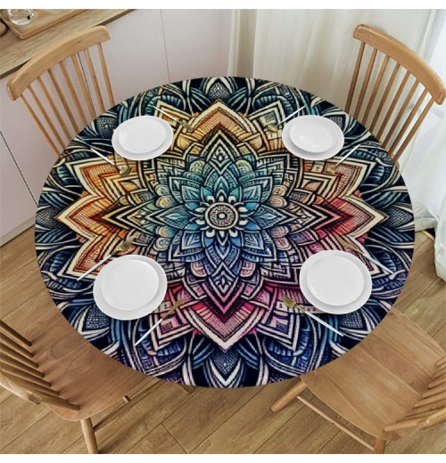 Ulloord  Round Tablecloth Fitted Table Cover with Elastic Edged Rainbow Mandala Pattern Waterproof Table Cloth for Party Kitchen Dining Indoor Outdoor Table