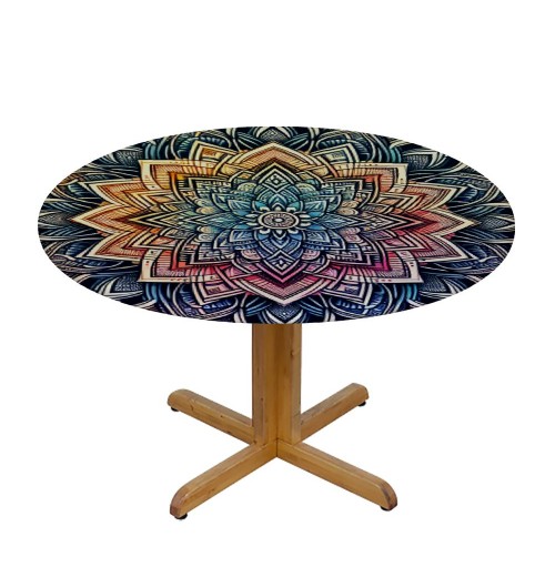 Ulloord  Round Tablecloth Fitted Table Cover with Elastic Edged Rainbow Mandala Pattern Waterproof Table Cloth for Party Kitchen Dining Indoor Outdoor Table