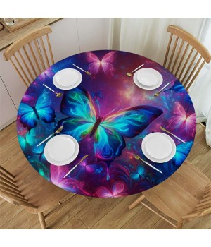 Ulloord  Round Tablecloth Fitted Table Cover with Elastic Edged Space Butterfly Pattern Waterproof Table Cloth for Party Kitchen Dining Indoor Outdoor Table