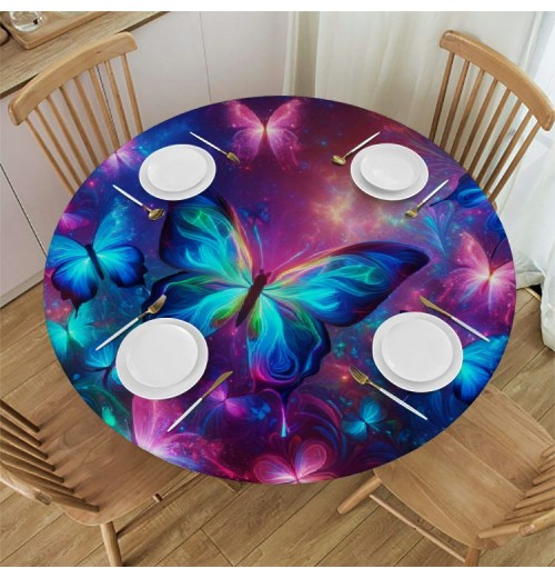 Ulloord  Round Tablecloth Fitted Table Cover with Elastic Edged Space Butterfly Pattern Waterproof Table Cloth for Party Kitchen Dining Indoor Outdoor Table