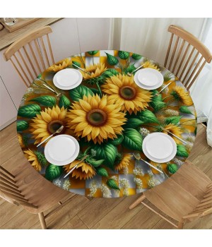 Ulloord  Round Tablecloth Fitted Table Cover with Elastic Edged Sunflower Check Plaid Waterproof Table Cloth for Party Kitchen Dining Indoor Outdoor Table