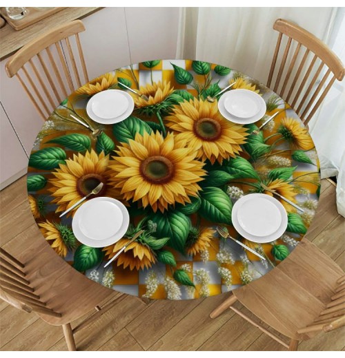 Ulloord  Round Tablecloth Fitted Table Cover with Elastic Edged Sunflower Check Plaid Waterproof Table Cloth for Party Kitchen Dining Indoor Outdoor Table