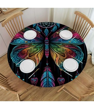 Ulloord  Round Tablecloth Fitted Table Cover with Elastic Edged Butterfly Dreamcatcher Galaxy Waterproof Table Cloth for Party Kitchen Dining Indoor Outdoor Table