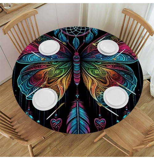 Ulloord  Round Tablecloth Fitted Table Cover with Elastic Edged Butterfly Dreamcatcher Galaxy Waterproof Table Cloth for Party Kitchen Dining Indoor Outdoor Table