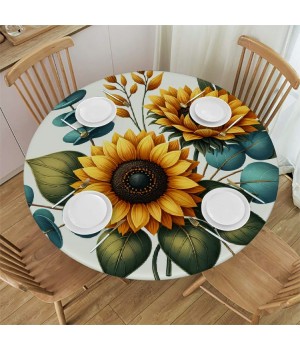 Ulloord  Round Tablecloth Fitted Table Cover with Elastic Edged Sunflower Summer Leaves Waterproof Table Cloth for Party Kitchen Dining Indoor Outdoor Table